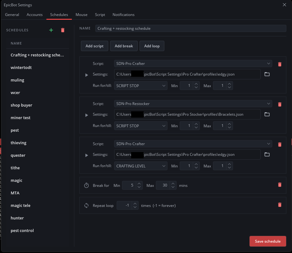 Schedules tab with an example schedule