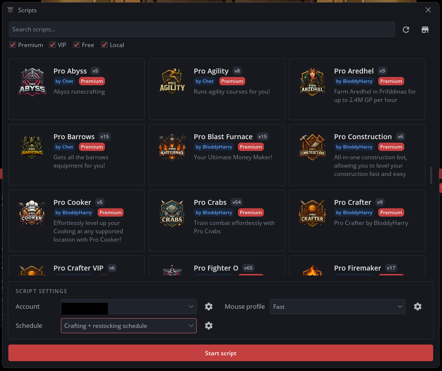 Script selector with a schedule selected